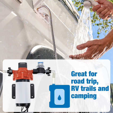 Must-Have Half Inch NPT To Barbed Elbow And Straight Swivel RV Water Pump Fittings Kit With 360 Degree Swivel Adapters, Fits One Half Inch Outlet Pumps, Includes Thread Seal Tape Pex Female Fittings Four Pack installed on RV water pump for flexible hose routing