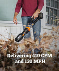 Person using Nitro Cordless Leaf Blower With 410 CFM Airflow And 130 MPH Turbo Power, Ultra Lightweight At 3.8 Lbs, WG543