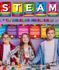 Children in front of Steam Bulletin Board Kit With Think Like A Scientist Posters, Engineering Process Banner in classroom.