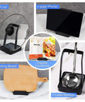 Hella Convenient Multi Function Kitchen Utensil And Pot Lid Organizer Pad With Spoon Rest Ladle Holder Catch Mat Drip Tray in black.