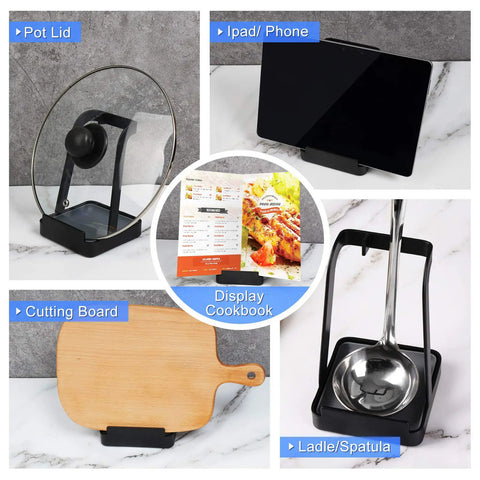 Hella Convenient Multi Function Kitchen Utensil And Pot Lid Organizer Pad With Spoon Rest Ladle Holder Catch Mat Drip Tray in black.