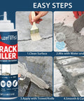DIY Concrete Crack Filler And Sealant Powder for quick repair in walls, floors, driveways. Image shows application steps.
