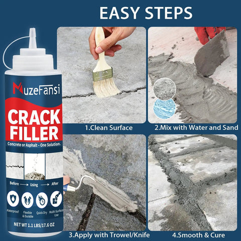 DIY Concrete Crack Filler And Sealant Powder for quick repair in walls, floors, driveways. Image shows application steps.