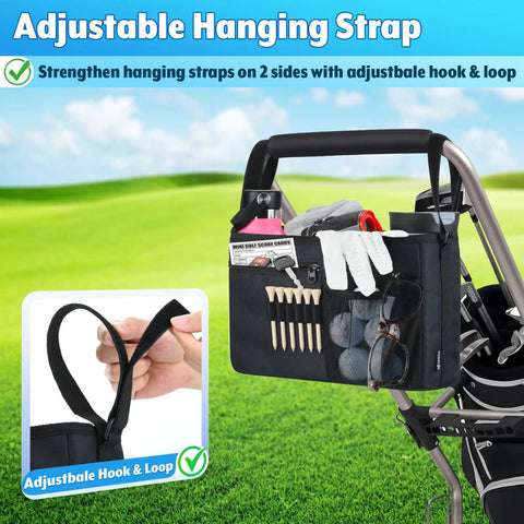 Ultimate Golf Cart Organizer Bag With Drink Holders And Adjustable Compartments attached to cart showing pockets and contents.