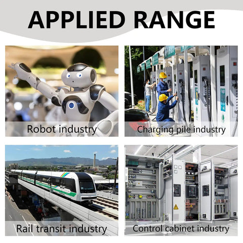 Applied range showing robot, charging pile, rail transit, and control cabinet industries for 50 Pack Black Snap In Cable Bushing Protectors SB 13 For Three Eighths Inch Cables Nylon Grommet With 1/2 Inch Mounting Diameter Inner Dia 0.4 Inch Outer Dia 0.64 Inch Durable Corrosion Resistant