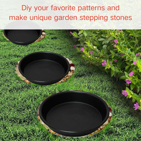 Six Piece Round Stepping Stone Mold Set with thick plastic concrete molds in garden setting for DIY garden pathway paving