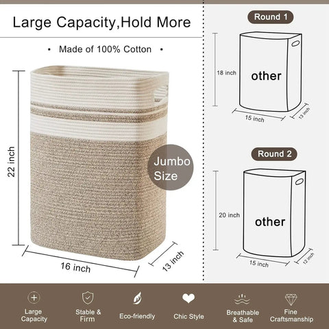 All In One Cotton Rope Laundry Hamper And Storage Basket With Handles Collapsible Go To Organizer For Living Room Toys Blankets And Clothes Yellow Variegated 16 By 13 By 22 Inches, Jumbo size with measurements and features