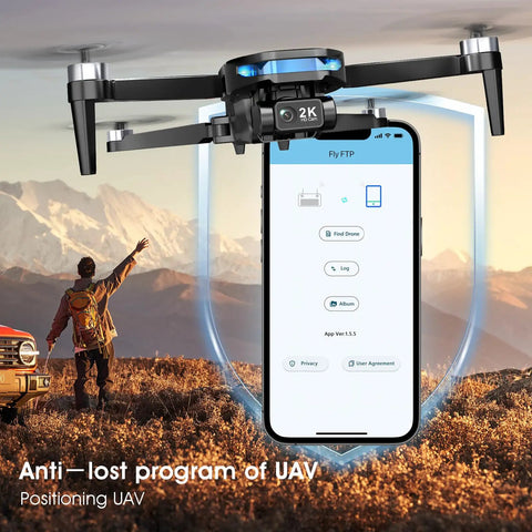 Dope 2K GPS Drone displaying anti-lost program on 7.22-inch remote screen in scenic outdoor setting