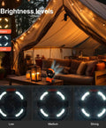 Outdoor night scene with 40000mAh Camping Fan With LED Light Remote And Hook Rechargeable Oscillating Tent Fan, three brightness levels.