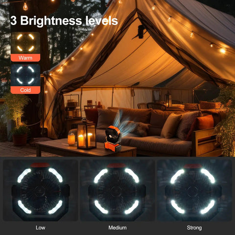 Outdoor night scene with 40000mAh Camping Fan With LED Light Remote And Hook Rechargeable Oscillating Tent Fan, three brightness levels.