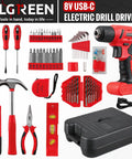 Grab And Go 101 Piece 8V Cordless Drill Set With USB C Recharge Brushless Motor shown with tools and red case