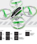 Glow Up Mini RC Drone With LED Lights For Kids And Beginners, 2.4 GHz Quadcopter in flight with green propellers and white frame