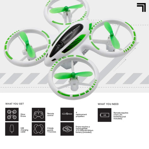 Glow Up Mini RC Drone With LED Lights For Kids And Beginners, 2.4 GHz Quadcopter in flight with green propellers and white frame