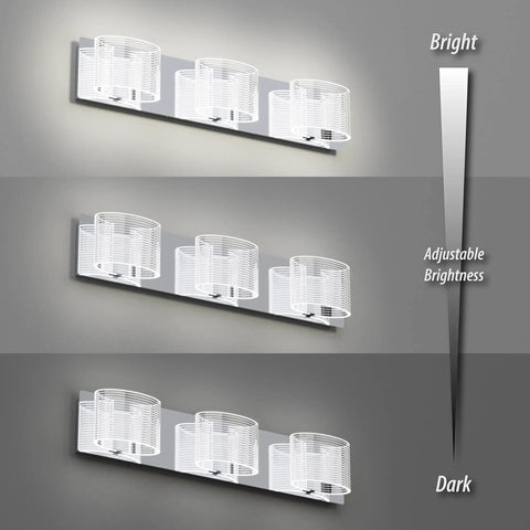 Three Light LED Bathroom Vanity Fixture Over Mirror 24 Inch Chrome Finish Dimmable With Clear Acrylic Lampshades 6000K