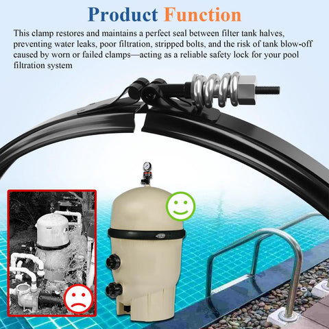 Tension Control Clamp Ring Kit For Pool And Spa Filter Easy Install Durable Clamp Ring For FNS Plus Series shown with filter