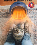 Portable Electric Space Heater With 2S Fast Heating And PTC Ceramic warming feet and cat, showing plug in style, cozy use.