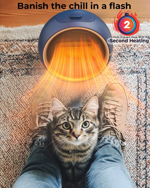 Portable Electric Space Heater With 2S Fast Heating And PTC Ceramic warming feet and cat, showing plug in style, cozy use.