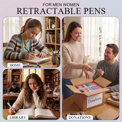 Bulk 100 Pack Ballpoint Pens With Comfy Grip 1.0mm Medium Point Retractable Black Ink used by people writing and donating.