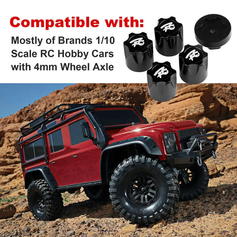 Image of 4 Pack Aluminum RC Car Wheel Center Cap Adapters with M4 Nuts, CNC Machined and Anodized Black, ideal for 1/10 scale crawlers.