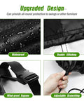 Collage of All Weather Outdoor Swing Cover Waterproof Heavy Duty Fit 88 Inch Long 84 Inch Wide 65 Inch High details like stitching, buckle, and drawstring.