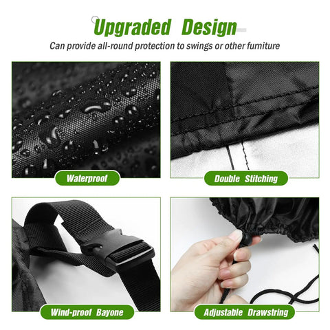 Collage of All Weather Outdoor Swing Cover Waterproof Heavy Duty Fit 88 Inch Long 84 Inch Wide 65 Inch High details like stitching, buckle, and drawstring.