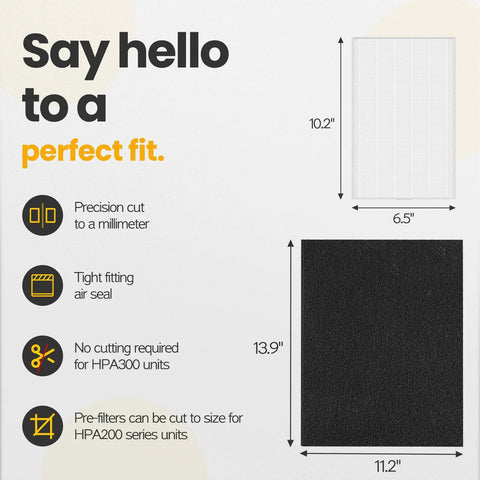 Replacement HEPA Filter Kit For HPA200 Series Air Purifier dimensions and cutting instructions for filters.