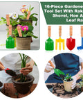 16 Piece Garden Tools Set With Wooden Handles For Garden Beach Sandbox Digging Shovels Rakes Forks And Trowels displayed with plants