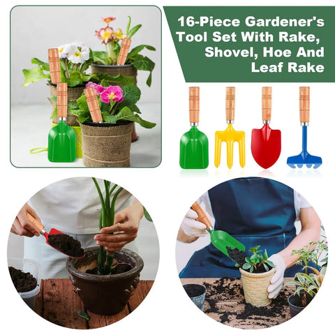 16 Piece Garden Tools Set With Wooden Handles For Garden Beach Sandbox Digging Shovels Rakes Forks And Trowels displayed with plants