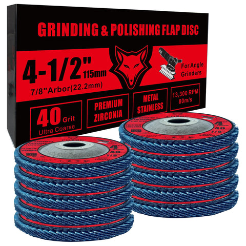 FOXBC 4-1/2 inch flap disc set, 40 grit zirconia, blue abrasive, 10-pack, front view of packaging