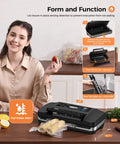 Woman using Powerful Vacuum Sealer Machine For Home And Pro Kitchens 95kPa Seal Power 10-In-1 System with instructions shown