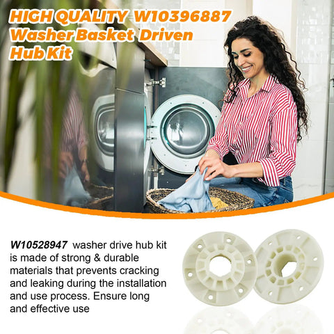 Woman using Washer Basket Driven Hub Kit W10528947 W10396887 in laundry, image showing kit components and washing machine
