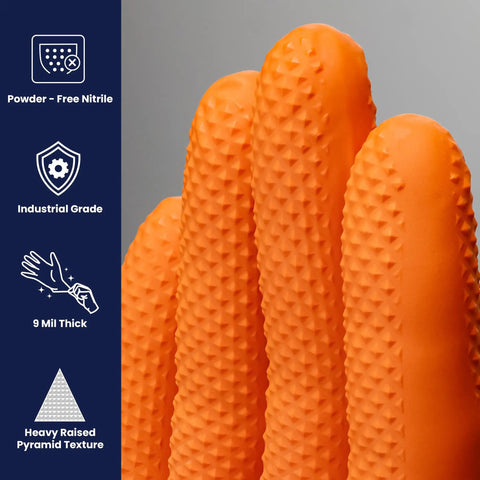 ProWorks Catch Disposable Nitrile Gloves 9 Mil Heavy Duty Work Gloves With Raised Pyramid Grip And Textured Palm For Superior Grip Latex Free Powder Free Pack Of 100 Medium Orange