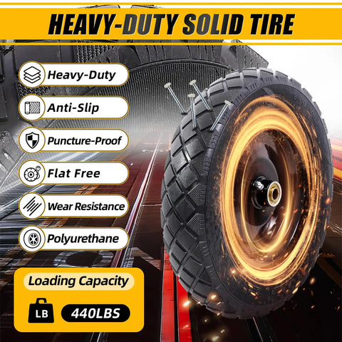Flat Free Tire And Wheel For 15 Inch Wheelbarrow Replacement Kit, puncture-proof, heavy-duty solid design, supports 440 lbs.