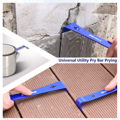 Beefy Heavy Duty Flat Pry Bar Set with 9.25 Inch Trim Pry used for removing tiles and 5.5 Inch Mini Bar on wooden decking