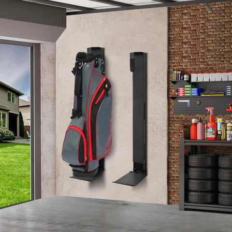 Wall Mount Golf Bag Storage Rack With Air Spring Sliding System in garage with golf bag attached, tidy space