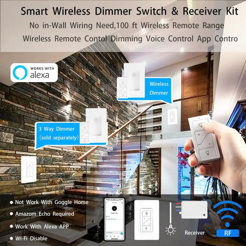 Smooth Wireless Dimmer Light Switch And Smart Receiver That Hooks Up Easy With Alexa For Quick Voice Control showing installation in a modern home.