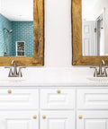 Heavy Gauge Brushed Brass Cabinet Knobs 5 Pack Featuring Smooth Round Edges And Top Shelf Solid Build To Fast Track Your Kitchen Remodel And Make Every Drawer Look Absolutely Sick on white vanity.