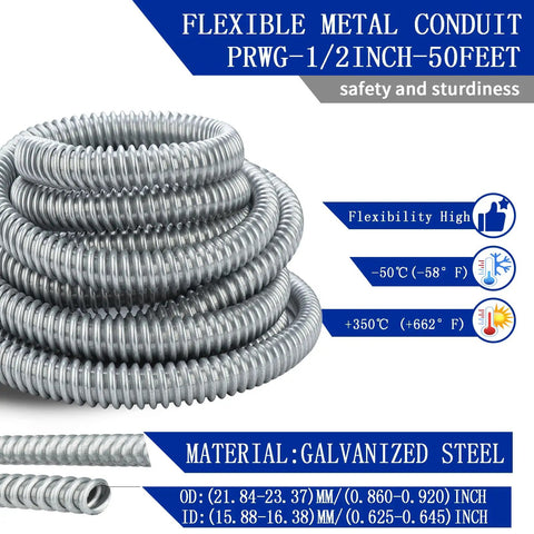 Half Inch Flexible Steel Electrical Conduit Kit 50 Foot Length for DIY Wiring Projects with Temperature Ratings