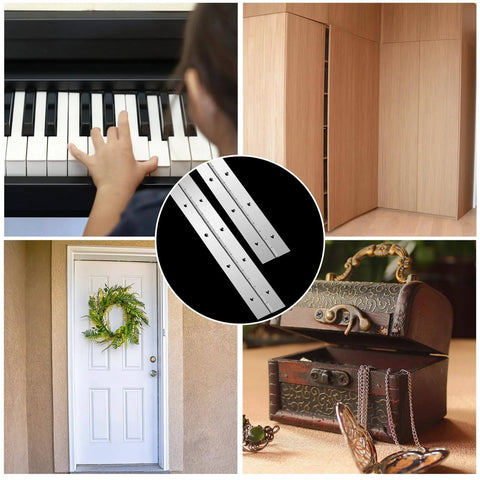 Two Pack 48 Inch Continuous Piano Hinges Heavy Duty Stainless Steel Smooth Polished Folding Hinge With 0.04 Inch Leaf Thickness And 2 Inch Open Width For Cabinet Doors Includes 80 Screws For Quick Secure Mounting displayed on various household items including a door and cabinet.