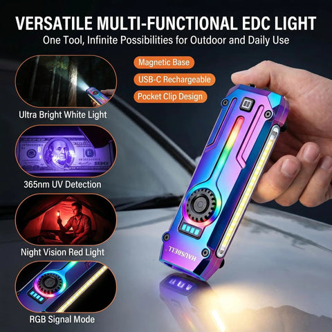 Ultra Flat EDC Rechargeable Tactical Flashlight With UV Magnetic Small Work Light in hand showing multi-modes