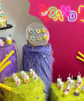 Colorful candy theme with neon sign and cartoon monsters for Happy Birthday Neon Sign For Wall Decor Battery Or USB Powered Light Up Birthday Party Sign Reusable 17x13 Inch Warm White LED Display Perfect For Home, Office, And Party Celebrations.