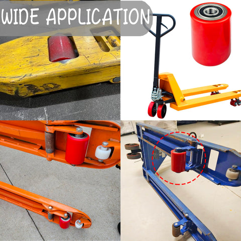 Heavy Duty Pallet Jack Wheel Replacement Kit With PU Tread 3 By 3.75 Inches Preinstalled Bearings on various manual lift trucks