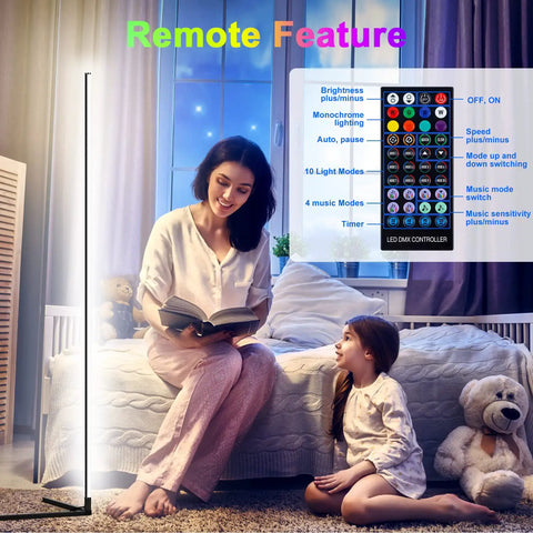 Corner Floor Lamp RGB Mood Light With 16 Million Colors And 210 Dynamic Modes, 56.7 Inches Tall, in a cozy bedroom scene with remote feature.