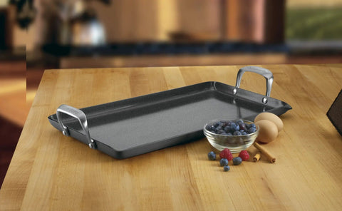 GreenGourmet Hard Anodized Nonstick Double Burner Griddle on kitchen table with eggs and berries