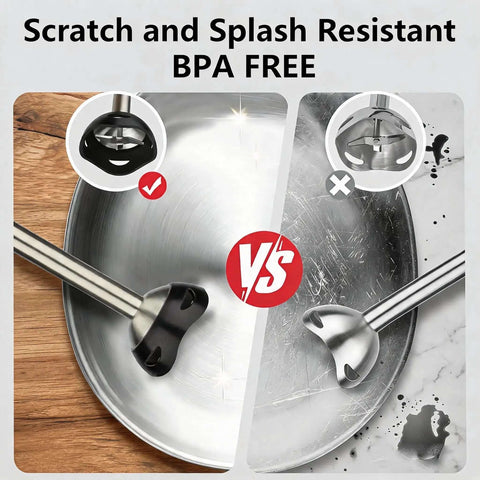 Smooth As Silk 300 Watt Immersion Stick Blender With Rock Solid Build image comparing scratch resistant design in pans.