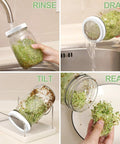 Person using Two Pack 32 Oz Wide Mouth Sprouting Jars Kit With Stainless Steel Sprouter Lids Stand Blackout Sleeves And Drain Tray For Growing Broccoli Alfalfa And Bean Microgreens At Home In Your Kitchen