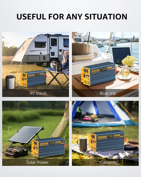 Super Heavy Duty 2000 Watt Pure Sine Wave Power Inverter Dc 12 To 120 Volt Ac with RV, boat, solar, and camping setups.