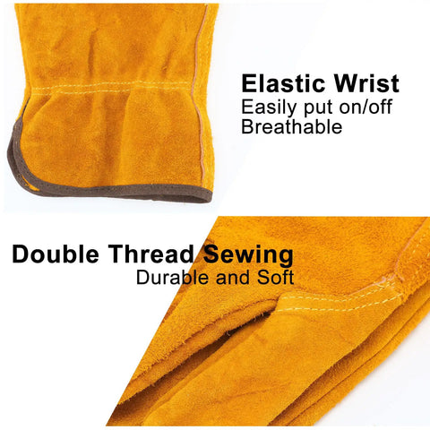 Close-up of 12 Pairs Leather Work Gloves With Flexible Grip For Gardening And Construction Men And Women Cowhide Thorn Proof Tear Resistant And Cut Resistant FPR Gear with elastic wrist and double thread sewing.