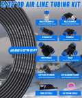 Premium 5/32 Inch Air Line Tubing Kit Including 32.8 Feet Of Sae Nylon Hose showcasing various fittings and tube cutter.