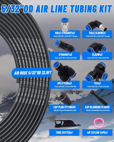 Premium 5/32 Inch Air Line Tubing Kit Including 32.8 Feet Of Sae Nylon Hose showcasing various fittings and tube cutter.
